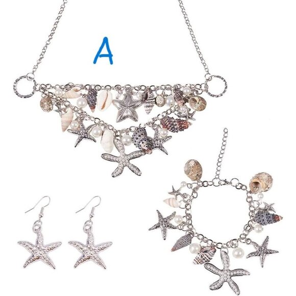 New 3 IN 1 Fashion Sea Shell Starfish Faux Pearl Collar Bib Statement Ch… - Picture 1 of 9